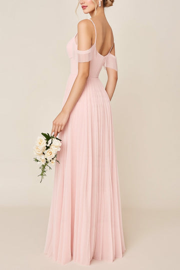 Blush Pink A Line Cold Shoulder Tulle Long Bridesmaid Dress